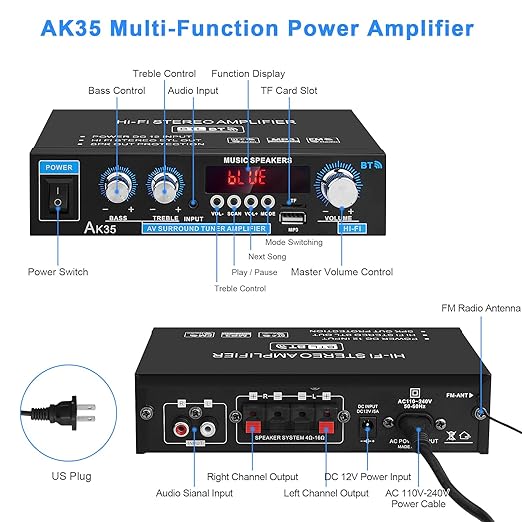 Home Audio Amplifier AK-35 HiFi Bluetooth 5.0 Mini Stereo Power Amp Receivers 2.0 Channel RMS 30W x 2 Max. 200W Output with USB,AUX,FM Radio for Home Theater Speakers System