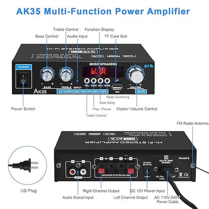 Home Audio Amplifier AK-35 HiFi Bluetooth 5.0 Mini Stereo Power Amp Receivers 2.0 Channel RMS 30W x 2 Max. 200W Output with USB,AUX,FM Radio for Home Theater Speakers System