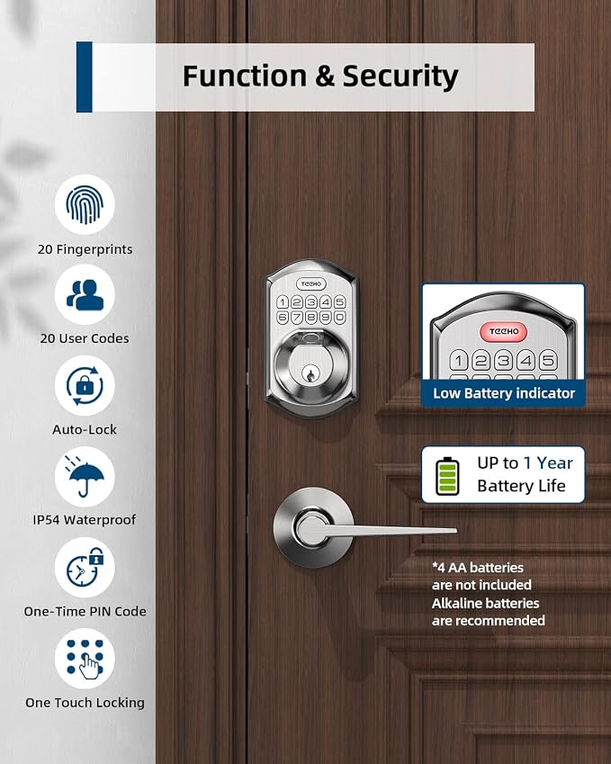 TEEHO TE002L Fingerprint Door Lock with 2 Lever Handles, Keyless Entry Deadbolt with Handle Set, Electronic Keypad Deadbolt for Front Door, Auto Lock and 1 Touch Locking, Satin Nickel