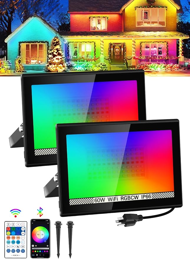 T-SUN LED Flood Lights Outdoor, 600W Equivalent Smart RGB Landscape Light | Color Changing Waterproof Floodlight with APP&Remote Control, 2700K & 16 Million Colors, Timing, Music Sync, IP66, US Plug