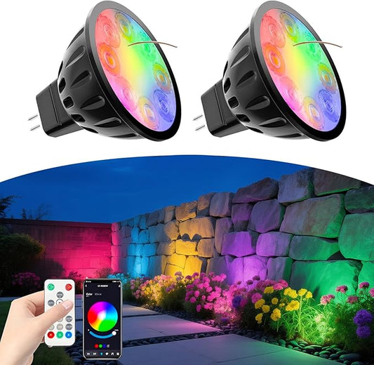 Upgraded Bluetooth MR16 RGBW Smart Bulb, 12V RGB MR16 LED Bulb Color Changing, CCT Tunable 2700K to 6500K, Dimmable with Remote and App Control for Outdoor Low Voltage Landscape Lights 2PCS