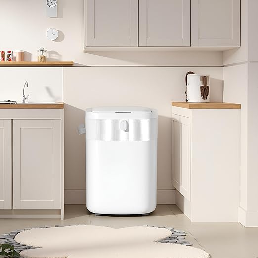 WM-DZT-12-36S Smart Motion Sensor Trash Can, Ultra-Quiet Soft-Close | Long Battery Life | Built-in Bag Storage & Portable PU Handle (White)