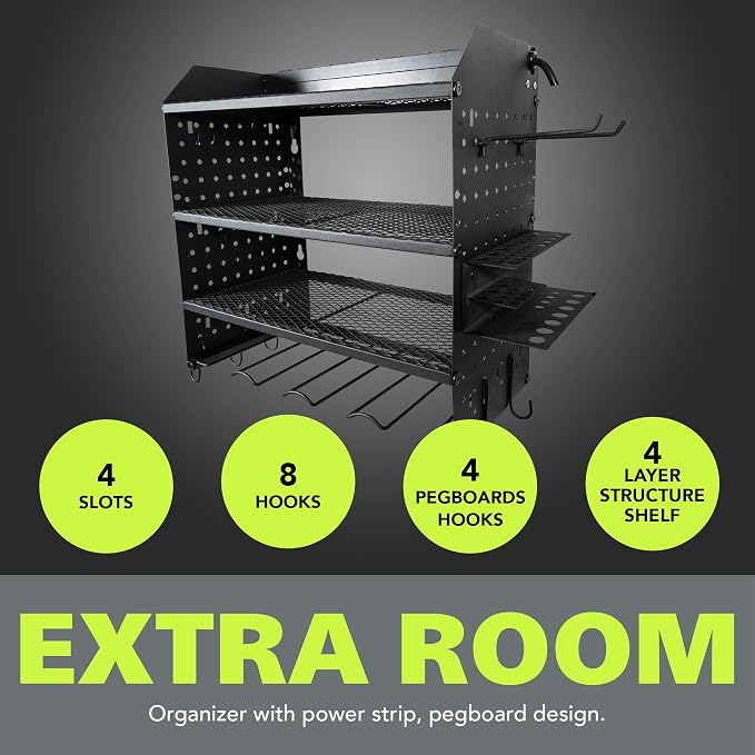 Pearington Modular Pegboard Rack, Power Tool Organizer with Battery Charging Station, Power Strip, 4-Layer Wall Mount Drill Holder