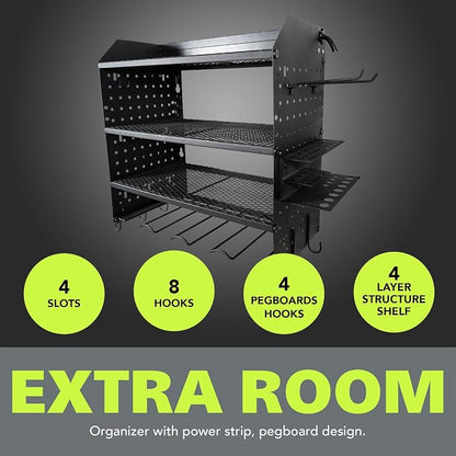 Pearington Modular Pegboard Rack, Power Tool Organizer with Battery Charging Station, Power Strip, 4-Layer Wall Mount Drill Holder