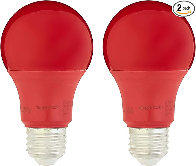Amazon Basics A19 Red Color Party LED Light Bulbs, 60W Equivalent, 9W Energy Efficient, E26 Standard Base, Non-Dimmable, 10,000 Hour Lifetime, 2-Pack