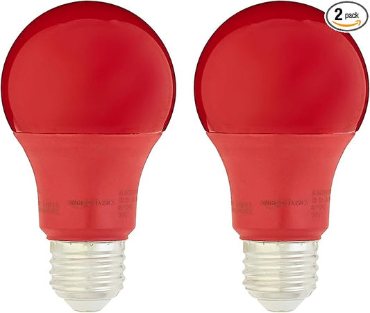 Amazon Basics A19 Red Color Party LED Light Bulbs, 60W Equivalent, 9W Energy Efficient, E26 Standard Base, Non-Dimmable, 10,000 Hour Lifetime, 2-Pack