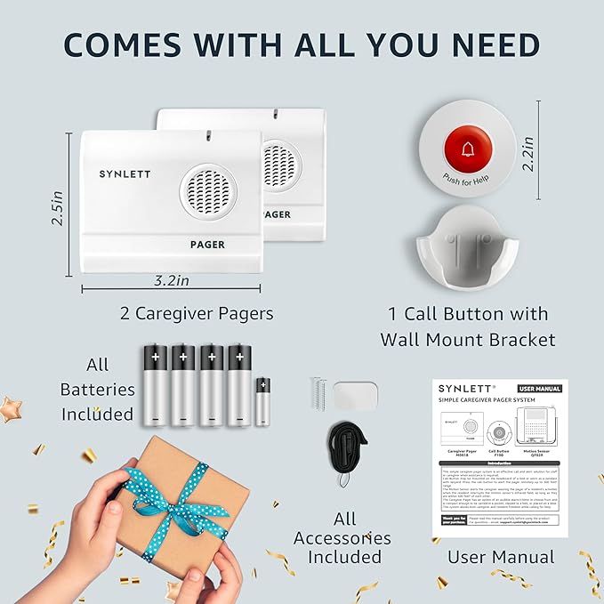 Wireless Caregiver Pager System for Elderly at Home – SOS Emergency Call Button for Seniors & Patients, 2 Portable Pagers, Long Range Alert System for Caregivers, Home & Nursing Use