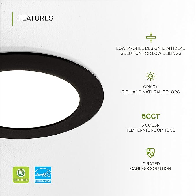 ASD 6 Pack LED Recessed Lighting 4 Inch, 5 CCT 2700K-5000K CRI90+, 12W 50W Eqv, Ultra Thin Dimmable Ceiling Lights with J Box, Canless Wafer Downlight, Round Slim Panel Light, UL Energy Star, Black