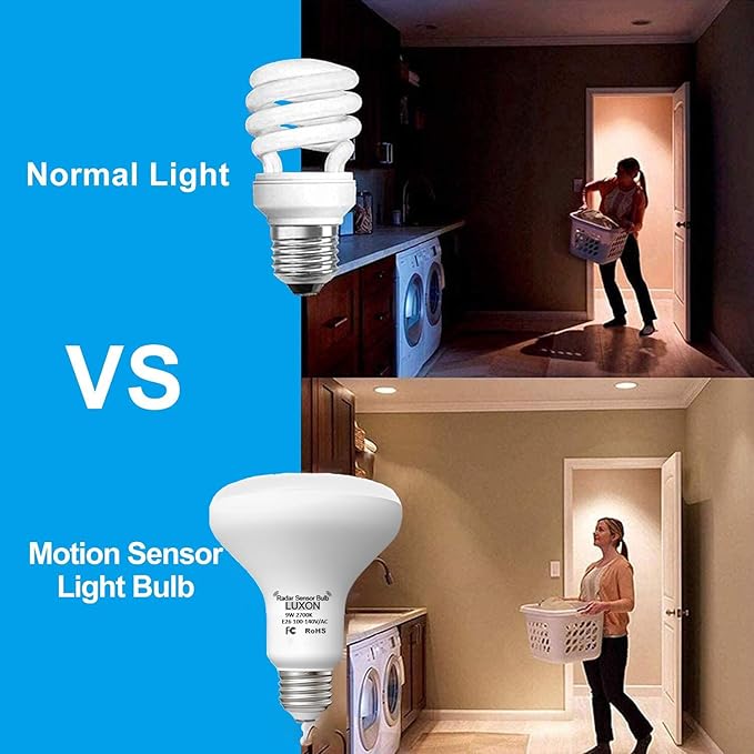 LUXON 9W BR25 Radar Motion Sensor Light Bulbs, Detector Dusk to Dawn 90W Equivalent,Smart Led Lamp Lighting,Indoor Outdoor Auto On/Off E26 Base Soft White 2700K
