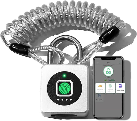 Pothunder Fingerprint Padlock, Fingerprint Lock with APP, Padlock with Steel Cable Keyless Biometric, Waterproof Suitable for Gym, Locker, Helmet, Gate, Fence, Luggage