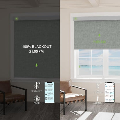 Motorized Blinds with Remote，100% Blackout Smart Blinds Motorized Roller Shades Compatible with Alexa Automatic Blinds for Windows Electric Window Blinds Customized Size Light Gray Mist