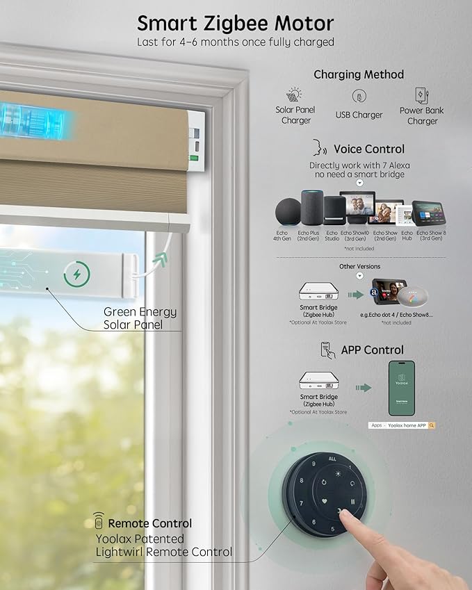 Yoolax Motorized Cellular Shades Compatible with Alexa, Blackout Motorized Blinds with Remote Smart Honeycomb Shades for Indoor Windows, Automatic Blinds Custom Size (Light Coffee)