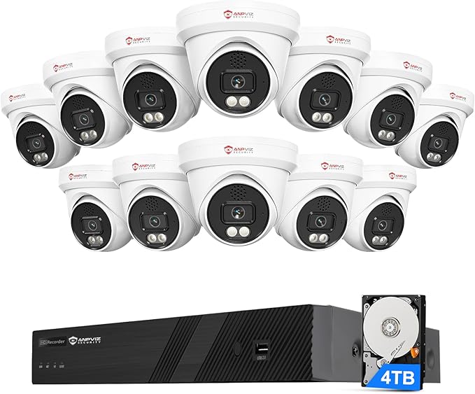 [Active Deterrent] - Anpviz 16 Channel 4K PoE Security Camera System with Two Way Audio, AI Human Vehicle Detection,12x 8MP Wired IP Turret Cameras Outdoor, 16CH 12MP PoE NVR with 4TB HDD for Business