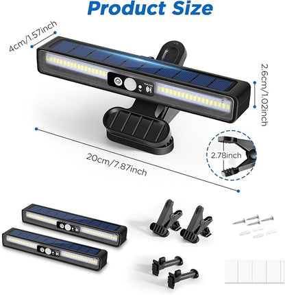 Clip On Solar Motion Sensor Outdoor Lights, 2 Pack 72 LED Solar Fence Lights Waterproof with 3 Modes, 6000K, Portable Solar Powered Security Lights for Fence, Gutter, Garage, Garden, RV Camping