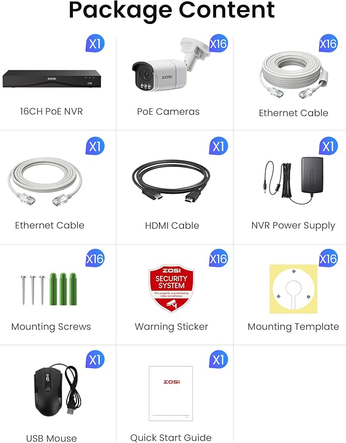 ZOSI 4K 16CH PoE Security Camera System, 16pcs 4K C186 Aurora Lux PoE Cameras Outdoor, True Full Color Night Vision, Person Vehicle Detection, 2 Way Audio, 8MP 16CH NVR with 4TB HDD for 24/7 Recording