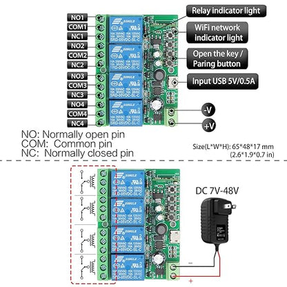 DieseRC 4 Channels WiFi Smart Switch with Bluetooth Transmitter, DC 5V 12V 24V 36V Passive Output Relay Module Ewelink APP WiFi Control Compatible with Alexa/Google Home, Inching/Self-Locking Switch