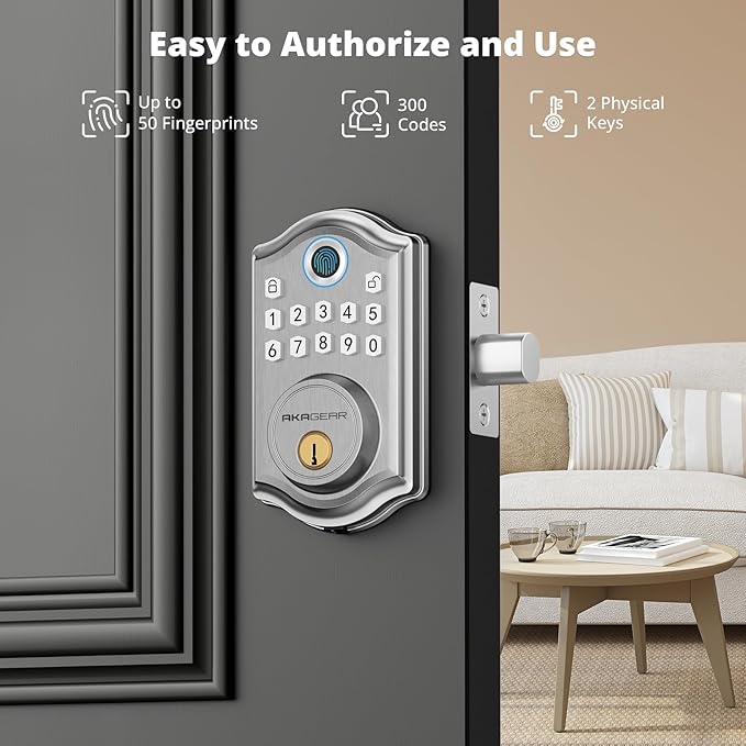 AkaGear Keyless Entry Door Lock with Fingerprint - Door Locks with 2 Keys, Electronic Keypad Deadbolt, Smart Door Locks, Smart Locks for Front Door, Auto-Lock & One Touch Locking - Satin Nickel