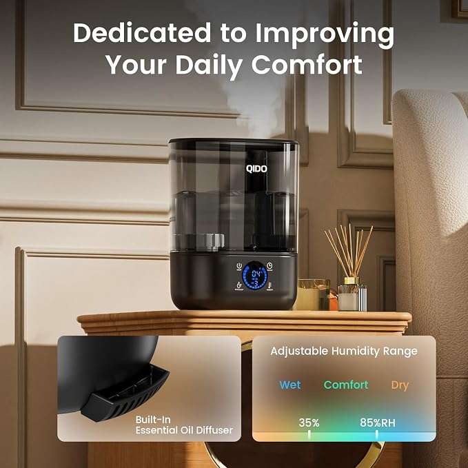 COMHOMA Humidifiers for Bedroom, 5L Top Fill for Large Room, 36H Runtime, 28 dB Quiet Cool Mist Air Humidifier for Baby Nursery, Plants, Indoor, APP/7-color Nightlight, Easy to Clean & Fill, Black