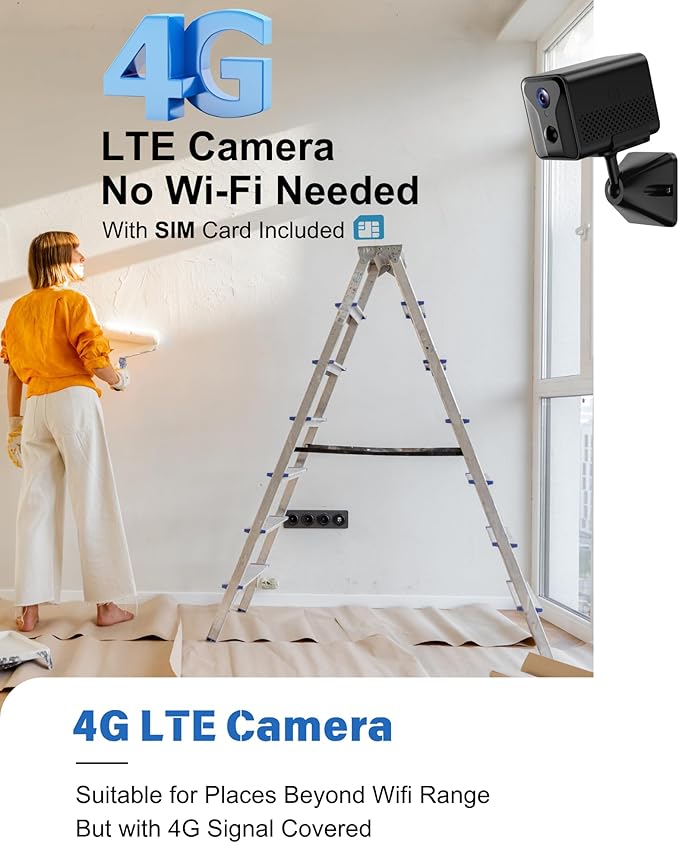 4G LTE Cellular Security Camera –2K HD No Wi-Fi Needed Wireless Indoor Cameras with SIM Card, Night Vision, AI Motion Detection, Battery Powered for Cabin, RV, Barn,Off-Grid Use