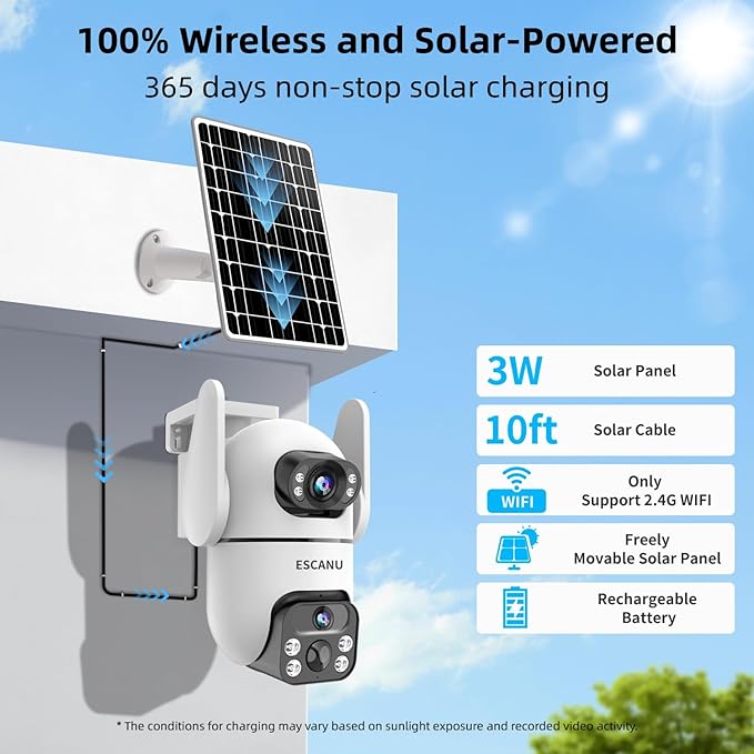 ESCANU Solar Security Cameras Outdoor Wireless,Cameras for Home Security with Dual Lens,360° View Pan/Tilt,Color Night Vision,2-Way Audio,SD/Cloud Storage,2.4GHz WiFi(2 Pack)