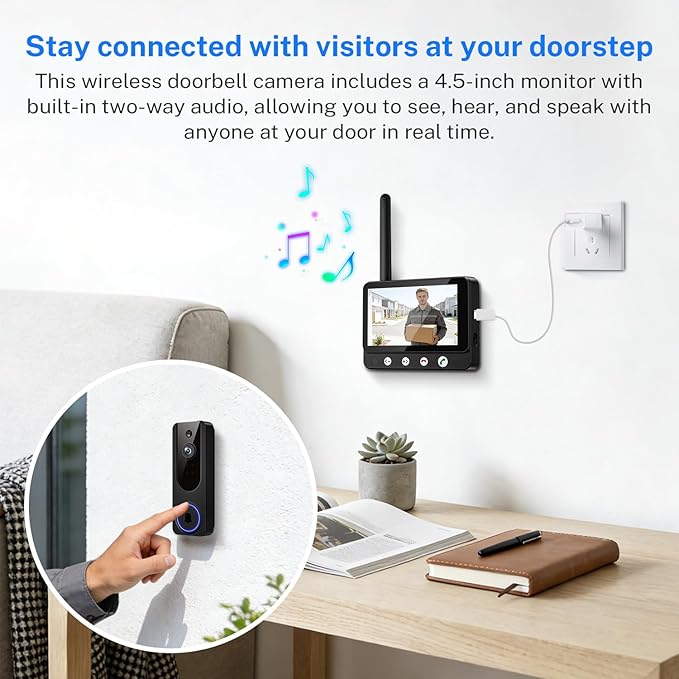 Wireless Doorbell Camera Video Monitor with Display 4.5" Screen Indoor Visual Base Station, Two Way Talk, Smart AI Motion Detection, Night Vision, Cloud Storage.