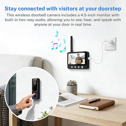 Wireless Doorbell Camera Video Monitor with Display 4.5" Screen Indoor Visual Base Station, Two Way Talk, Smart AI Motion Detection, Night Vision, Cloud Storage.