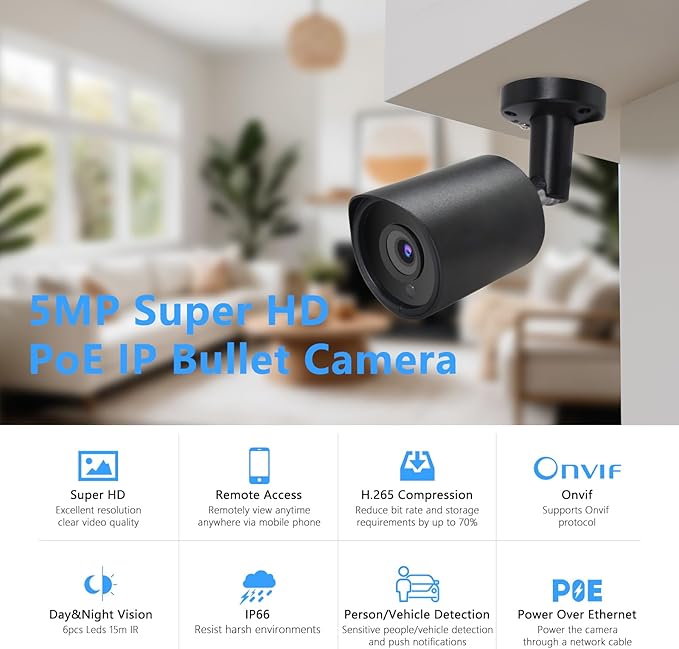 5MP PoE IP Security Camera, H.265 Bullet IP Camera with 105° Wide Angle, 2.8mm Lens, 80ft Night Vision, Compatible with Third-Party NVRs and Software (Black)