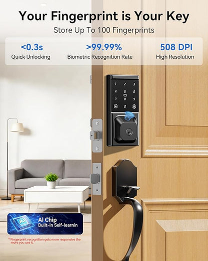 Smart Door Lock with Handle Set, Keyless Entry Door Lock for Front Door, Fingerprint, APP Control, Touchscreen Keypad Deadbolt, Temporary Passcode, Auto Lock, IP54 Waterproof, Easy Install
