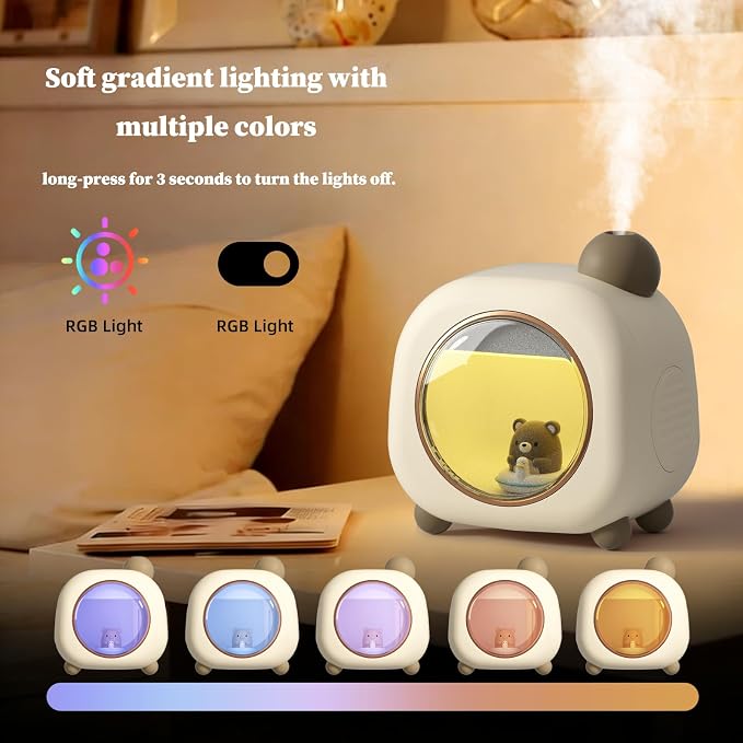 Portable Mini Humidifier, 500ML Cartoon Bear USB Mist Small Humidifier with Colorful Lights, Personal Desktop Humidifier for Bedroom Baby, Portable Humidifier for Office, Plants, Auto Shut-Off