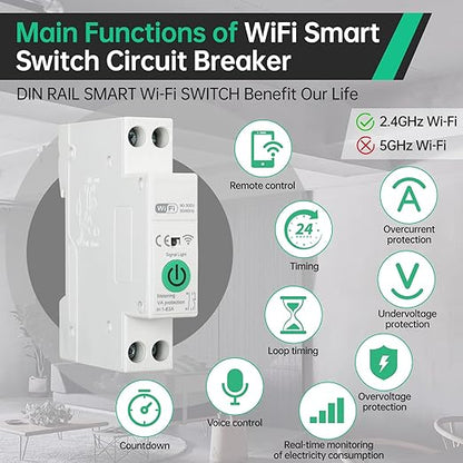 Smart WiFi Switch 110V, din Rail, 1–20A Adjustable, DIY 1P+N Circuit Breaker, 90–300V Wide Voltage for Energy Monitor, Smart Life/Tuya APP Remote Control, Timer Functions, DIN Rail, FCC Certified