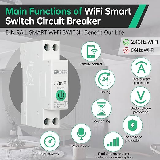 1-32A Smart WiFi Circuit Breaker, 90-300V Wide Voltage, DIN Rail Smart Life/Tuya APP Remote Control, Timer Functions, Overload & Short-Circuit Protection, Compatible for Alexa Google Home