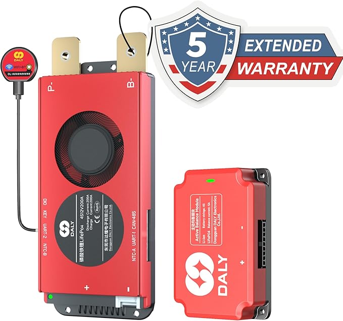 DALY BMS 12V 4S 200A Balance - Smart WiFi Bluetooth BMS with 5A Active Cell Balancing Supports RS485 CAN for 12V LiFePO4 Battery Pack RV Campers Boating Overlanding Home Energy