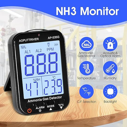 Portable Ammonia Gas Detector,0~100 PPM Rechargeable NH3 Gas Meter for Farms, Poultry, Swine| LCD Backlight with Temperature (°F/°C) and Humidity Display
