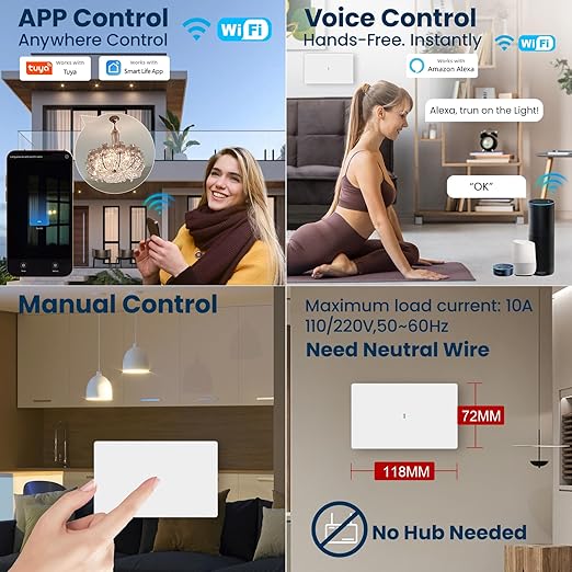 Smart Light Switch Need Neutral Wire,FCC Certified,2.4GHz WiFi Push Button Switch Compatible with Alexa,APP Control Compatible with Tuya/Smart Life,White 1 Gang