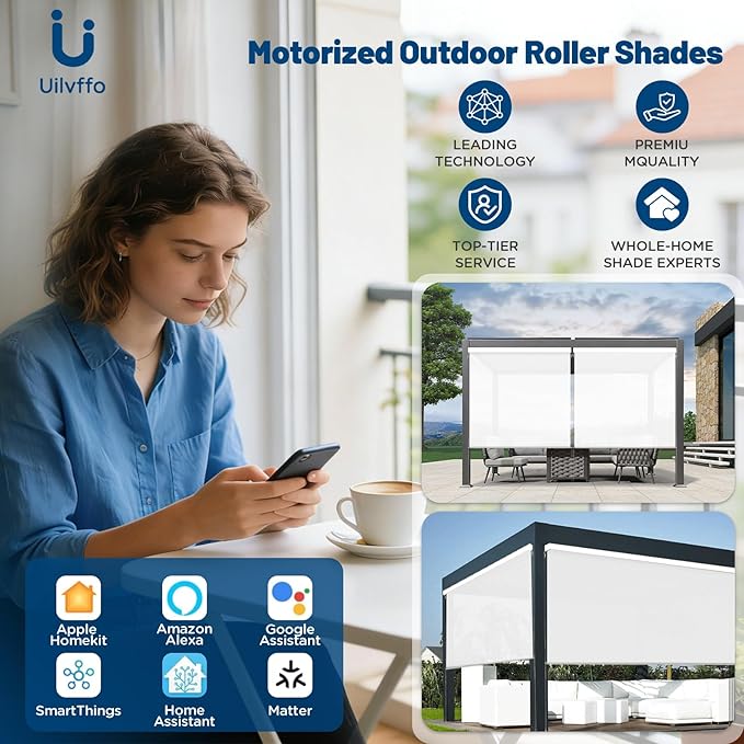 Motorized Outdoor Shades, Custom Patio Roller Blinds with Remote, Smart Exterior Sun Shades Compatible with Alexa, HomeKit, Google Home (1% Openness White)