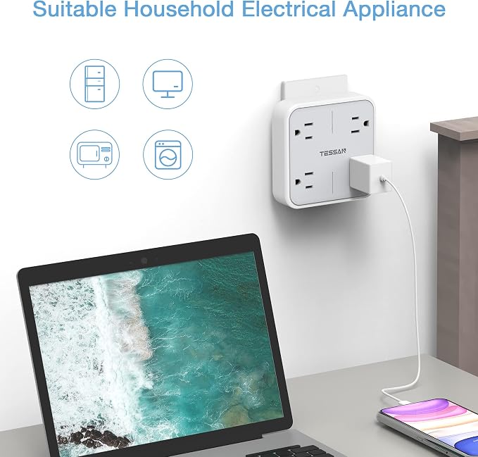 TESSAN Multi Plug Outlet Extender, Surge Protector Splitter | Multiple Outlet Wall Plug with 4 Outlets Wall Charger, Multiple Expander for Travel, Home, College Dorm Room, Gray