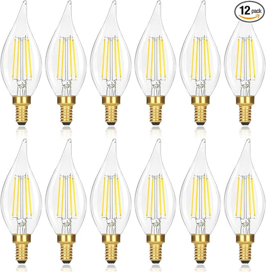 GoBright 12-Pack Dimmable E12 LED Candelabra Bulbs 60 watt Equivalent, 5000K Daylight White Dimmable Chandelier Light Bulbs, 6W 630LM Vintage Flame Tip E12 LED Candle Bulb