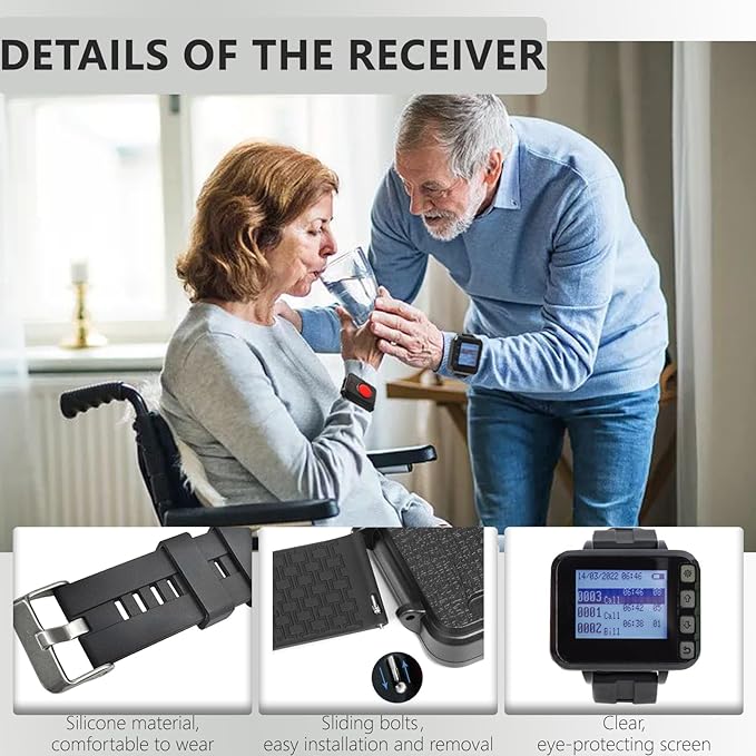 Wireless Caregiver Call Button Watch for Elderly at Home | Waterproof Wrist Wear Alert Button for Seniors | Long Range Emergency Wrist Alarm with Loud Sound for Family Nurse