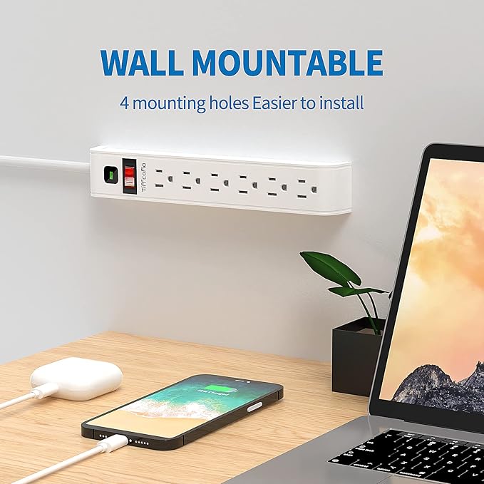 TiFFCOFiO Surge Protector Power Strip, 4 Feet Extension Cord, 600 Joules Surge Protection, Multiple Protection 6 Outlet Strip, 14 AWG Cord, 15A/1875W, ETL Listed, 2 Packs