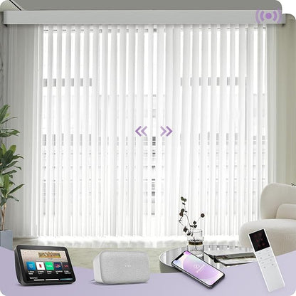 Graywind Motorized Sheer Vertical Blinds Compatible with Alexa Google Smart Sheer Curtain Drapery Privacy Light Filtering Remote Control Vertical Shades, Custom Width Up to 157", Striped White