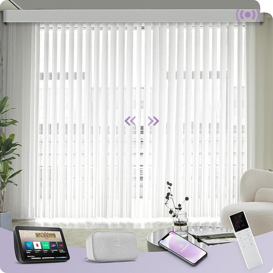 Graywind Motorized Sheer Vertical Blinds Compatible with Alexa Google Smart Sheer Curtain Drapery Privacy Light Filtering Remote Control Vertical Shades, Custom Width Up to 157", Striped White
