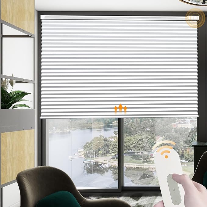 Motorized Cellular Shades Cordless Light Filtering Rechargeable Window Curtains with Remote for Smart Electric Home Decor Automatic Honeycomb Blinds for Windows, Custom Size White