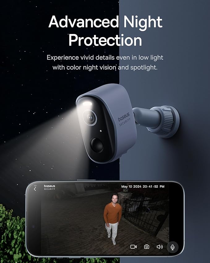 Baseus Wireless Cameras for Home Security, N1 2-Cam Kit with 2K Clarity, No Monthly Fee, 16TB Expandable Local Storage, 210-Day Battery Life, Compatible with Alexa/Google Home, Light Grey