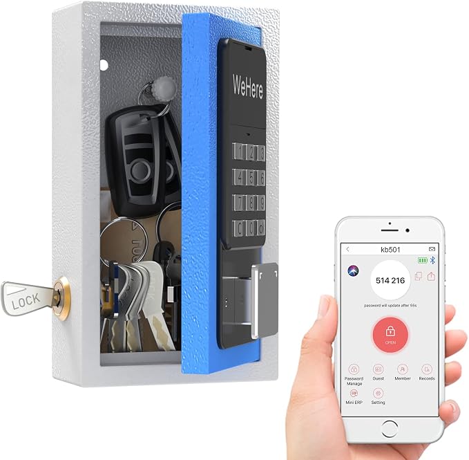 WeHere Key Lock Box Wall Mount, OTP/Fixed Password, APP Bluetooth/Wi-Fi, Spare Key Unlock, Porch Smart LockBox, Combination Keybox for Home, Realtors, Apartments, Garage, Store, Office