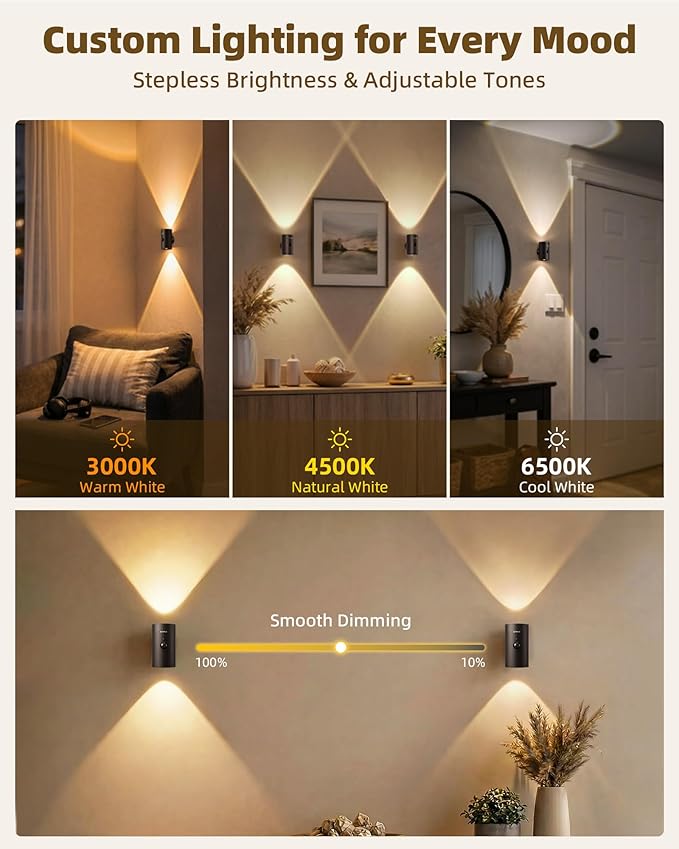 EZVALO Motion Sensor Wall Light, 4000mAh Rechargeable Battery Operated Wall Sconce, RGB & 3 Color Temps with Remote, Wireless Ambient Light for Living Room, Hallway, Apartment (2 Pack, Black)