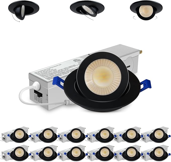 Adetu 2 Inch 5CCT Gimbal Black Led Recessed Lighting with Junction Box, 360°+90° Adjustable Led Recessed Lights, 2700K/3000K/3500K/4000K/5000K, 5W Eqv 50W, 550LM Brightness - ETL (Black, 12 Pack)