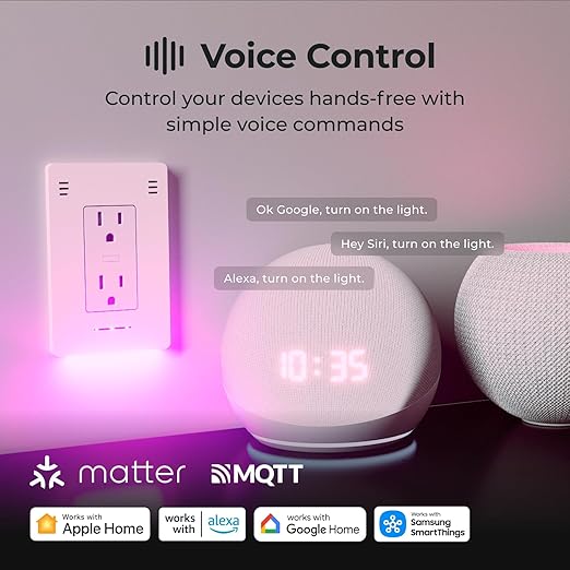 InvisOutlet Aura Smart Outlet with RGB Night Light, in-Wall Smart Plug,15A Dual Receptacles, ETL Certified, No Hub Required, Works with Matter, Apple Home, Alexa, Google, SmartThings, MQTT