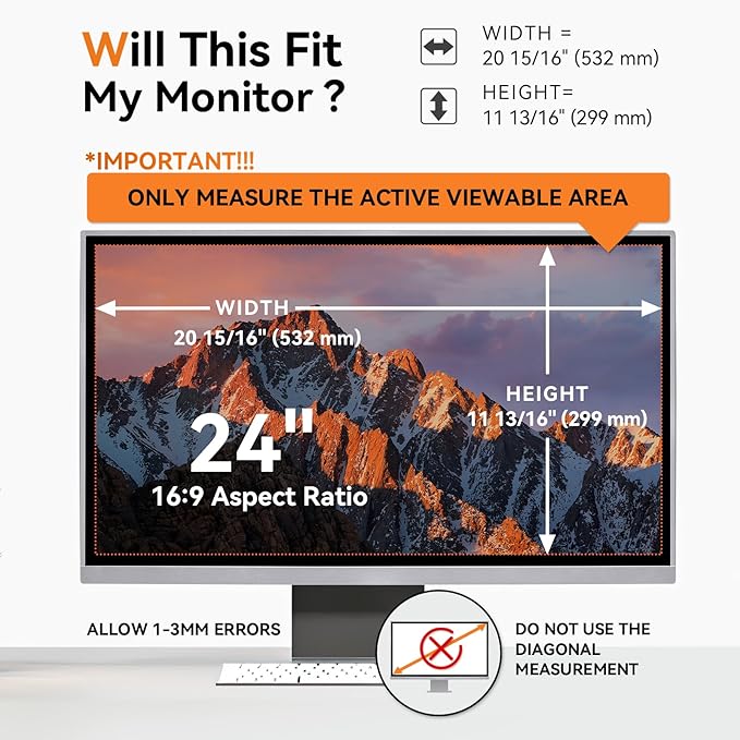 [2 Pack] 24 Inch Computer Privacy Screen for 16:9 Aspect Ratio Widescreen Monitor, Eye Protection Anti Glare Blue Light Computer Monitor Privacy Filter, Removable Anti-Scratch 24in Protector Film