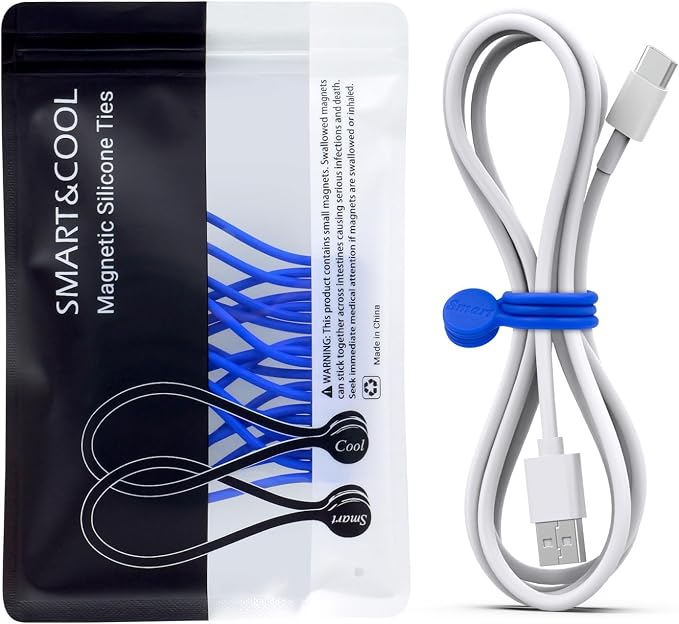 SMART&COOL Reusable Silicone Magnetic Cable Ties, Blue, 10-Pack | For Bundling and Organizing, Holding Stuff, Book Markers, Fridge Magnets