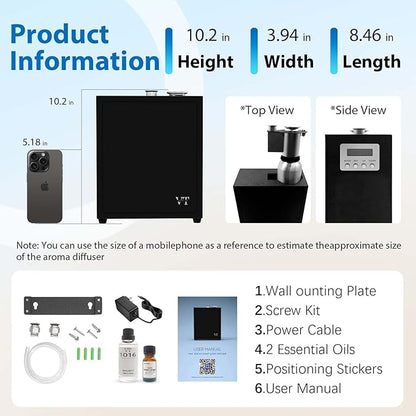 4000 Sq.Ft HVAC Smart Scent Diffuser for Home All-metal material. Suitable for large residences, hotels or offices. Capacity 500 ml Includes fragrance essential oil set. Supports Bluetooth APP control